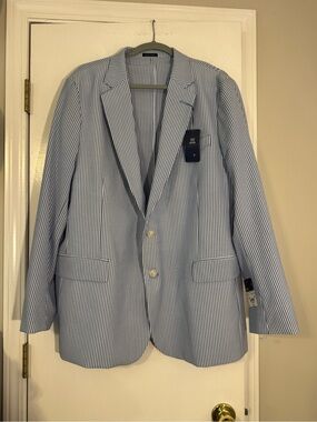Stafford Light Blue and White Striped Seersucker Blazer
